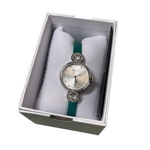 Strada Crystal Faux Teal Leather Silver Tone Women's Watch Stainless Water Resis
